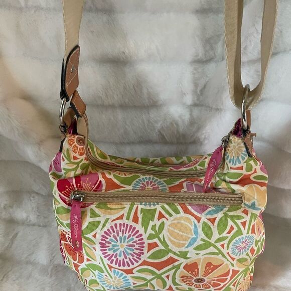 Lily Bloom multi color pastel fabric crossbody bag with tan faux leather trims - Picture 6 of 15